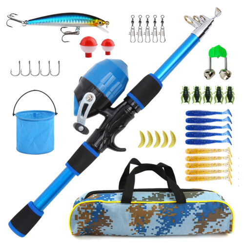Kids Teen Outdoor Fishing Gear Closed Face Reel Tackle Set Beginner Pistol-grip Rod (Pistol-grip Rod 1.5m + Closed Face Reel + Bait Box + Bag, some with Bucket)
