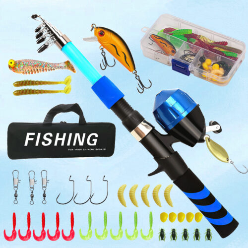 Kids Lure Rod Fishing Rod Portable Telescopic Rod Reel Combo Set (Pink/Blue Rod + Spincast Reel + Bag, with Bait Box Accessories Option, 1.8m)